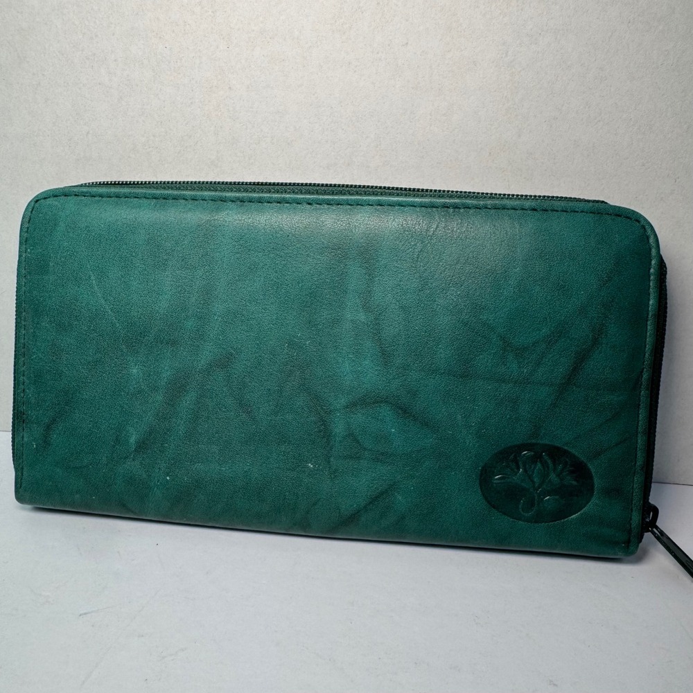 Buxton‎ Green Top Grain Cowhide Leather Zip Around Wallet Clutch Organizer NWT